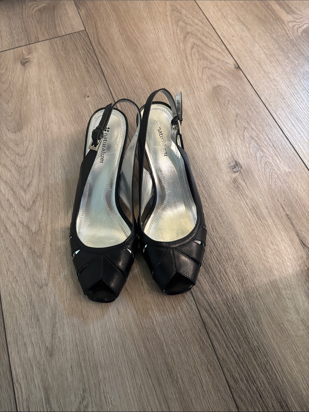 Naturalizer Black Leather Peep-Toe Slingback Heels